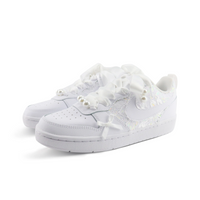 Custom Air Jordan 1 White Lace Pearls Bow Wedding Shoes