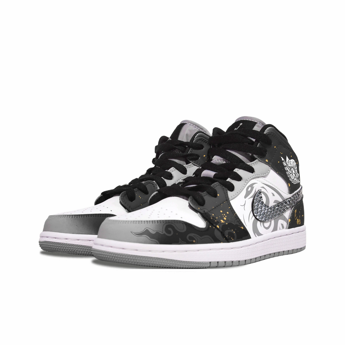 Custom Air Jordan 1 Black Grey Snake Theme Gold Ink Splash