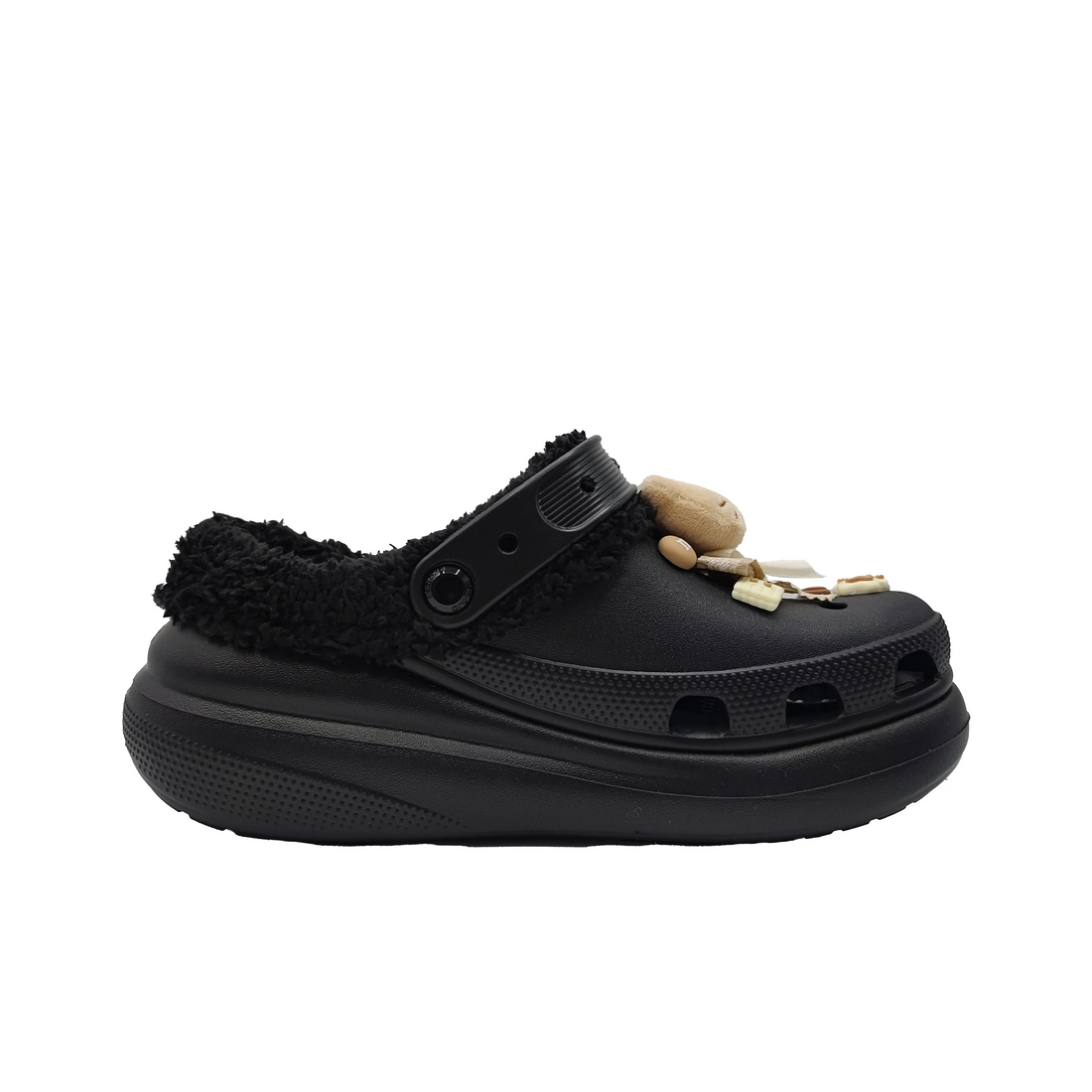 Custom Crocs Black Plush With Khaki Cat Cartoon Decoration