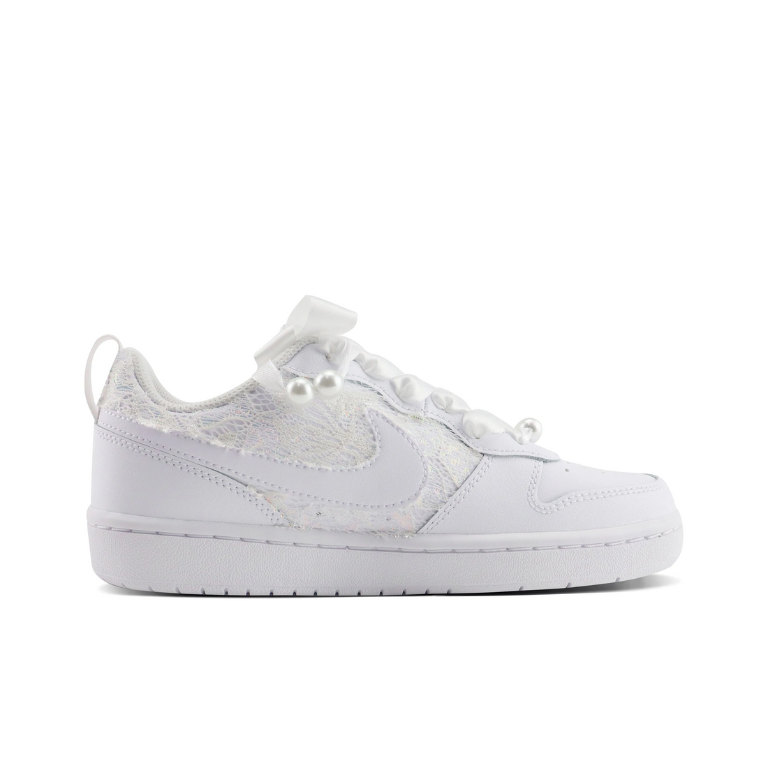 Custom Air Jordan 1 White Lace Pearls Bow Wedding Shoes