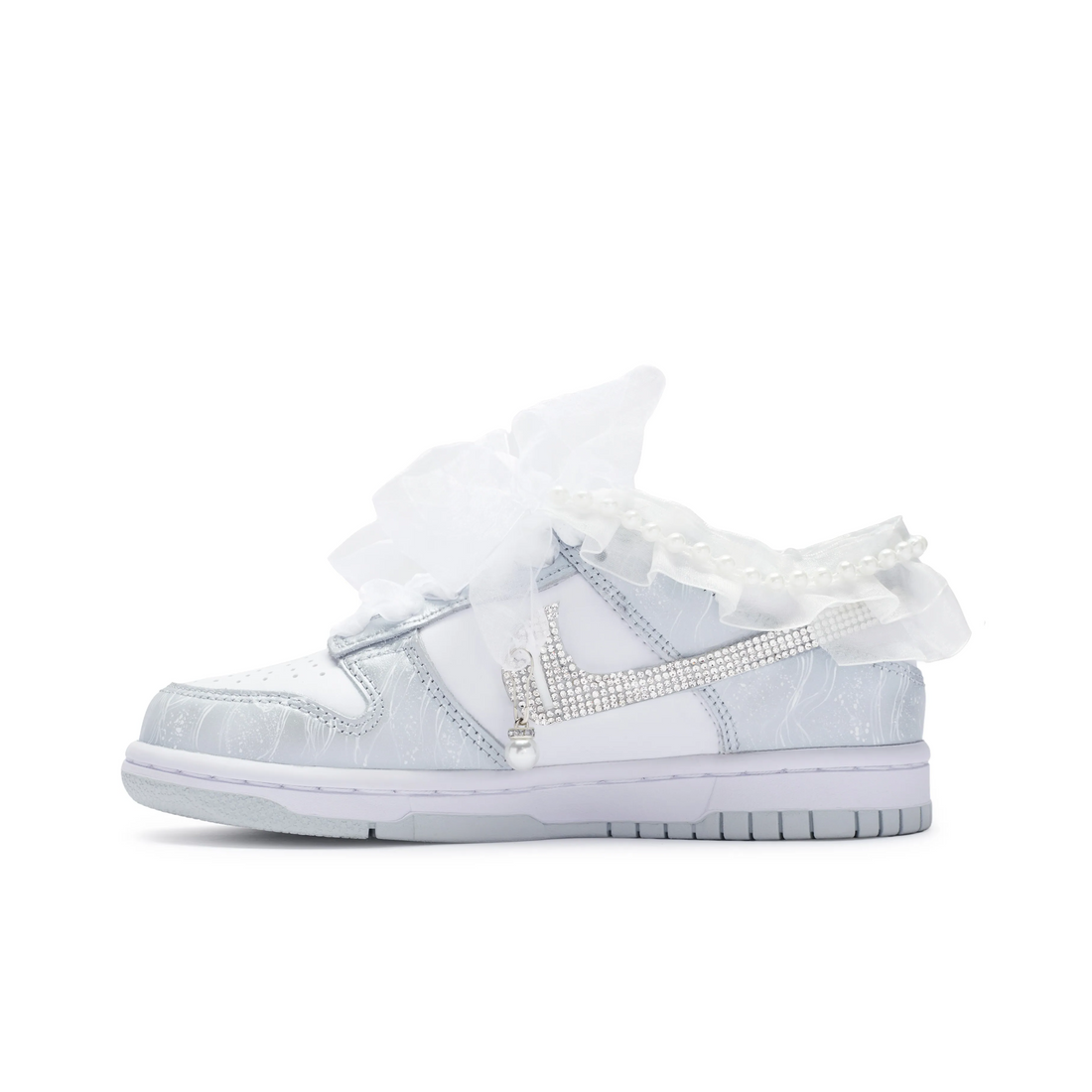 Custom Dunk Light Blue Diamonds Pearl Lace Wedding Shoes
