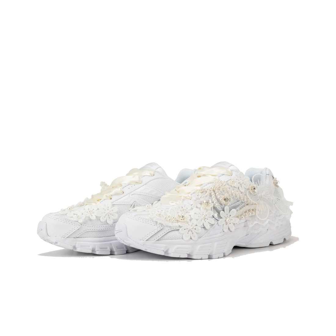 Custom Nike Initiator White Beige Lace Flowers Pearls Wedding Shoes