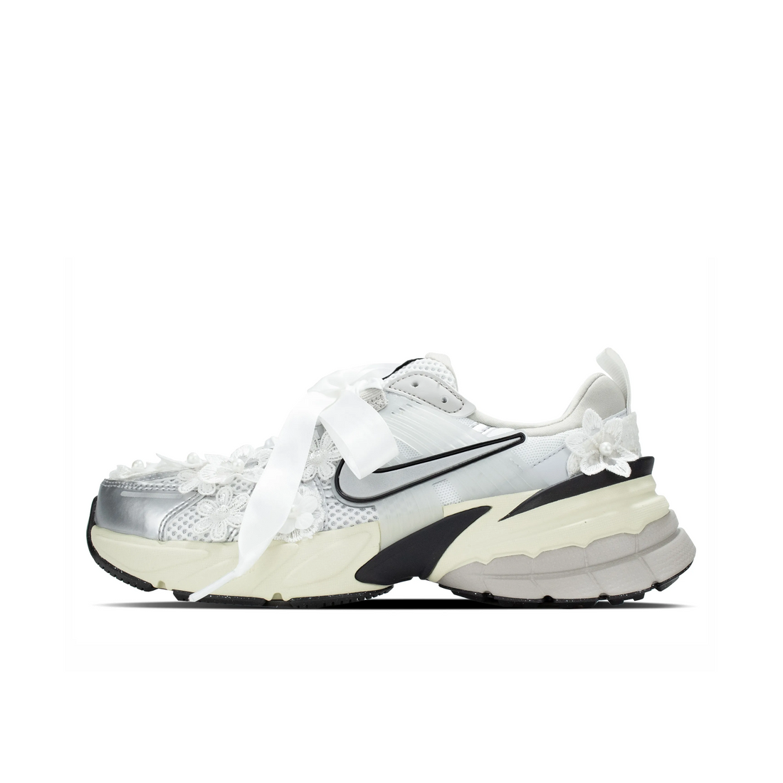 Custom Nike V2K Run Grey White Lace Flowers Pearls Wedding Shoes