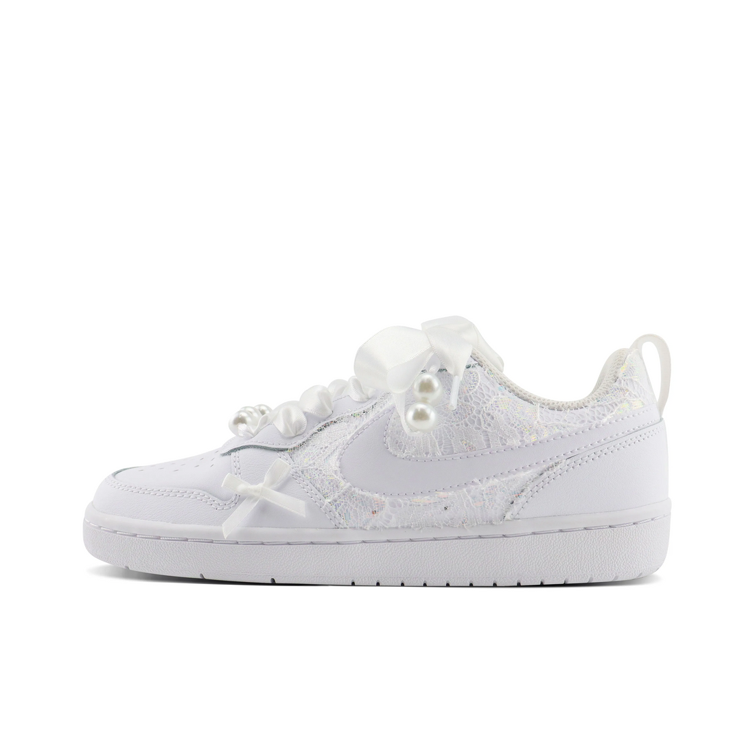 Custom Air Jordan 1 White Lace Bow Pearls Wedding Shoes