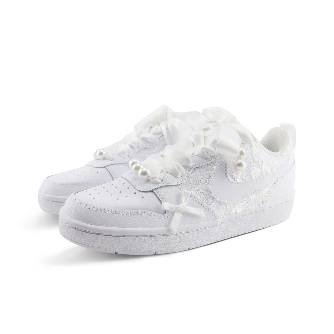 Custom Air Jordan 1 White Lace Bow Pearls Wedding Shoes